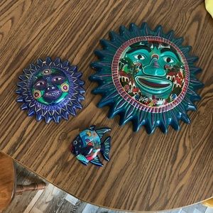 2 Sun faces & 1 fish- terra-cotta wall hangings.
